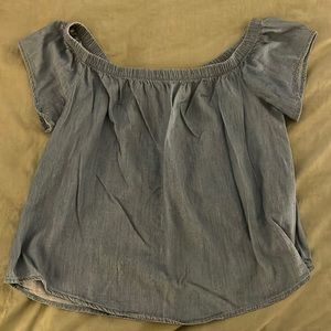 OVER THE SHOULDER BLUE DENIM TOP